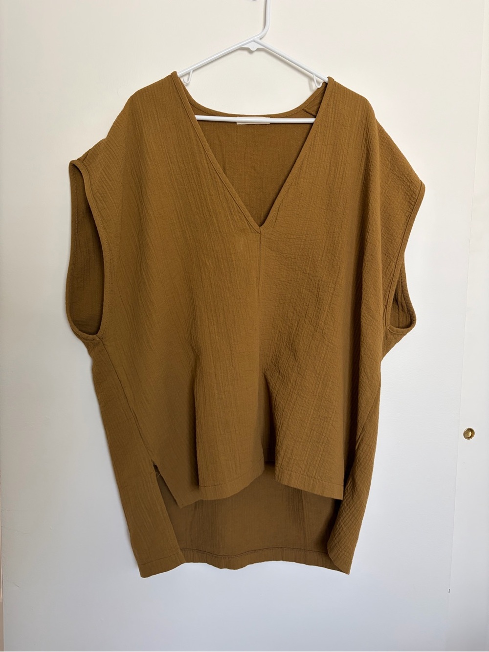 April Meets October Cotton V-Neck Textured Sleeveless Top in Mustard